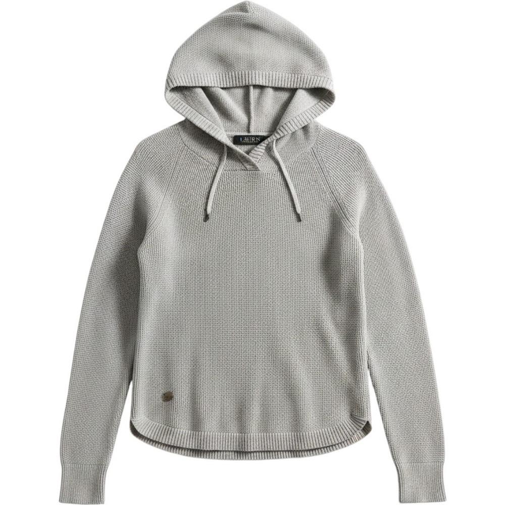 Lauren Ralph Lauren Sweater Womens SP Gray Hooded Waffle Knit Pullover Cotton